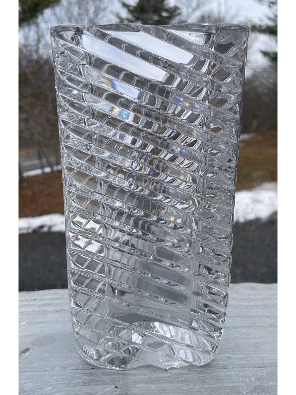 Vintage Rogaska Crystal Ribbed Triangular Flower Vase Modern Clear Neo Deco
